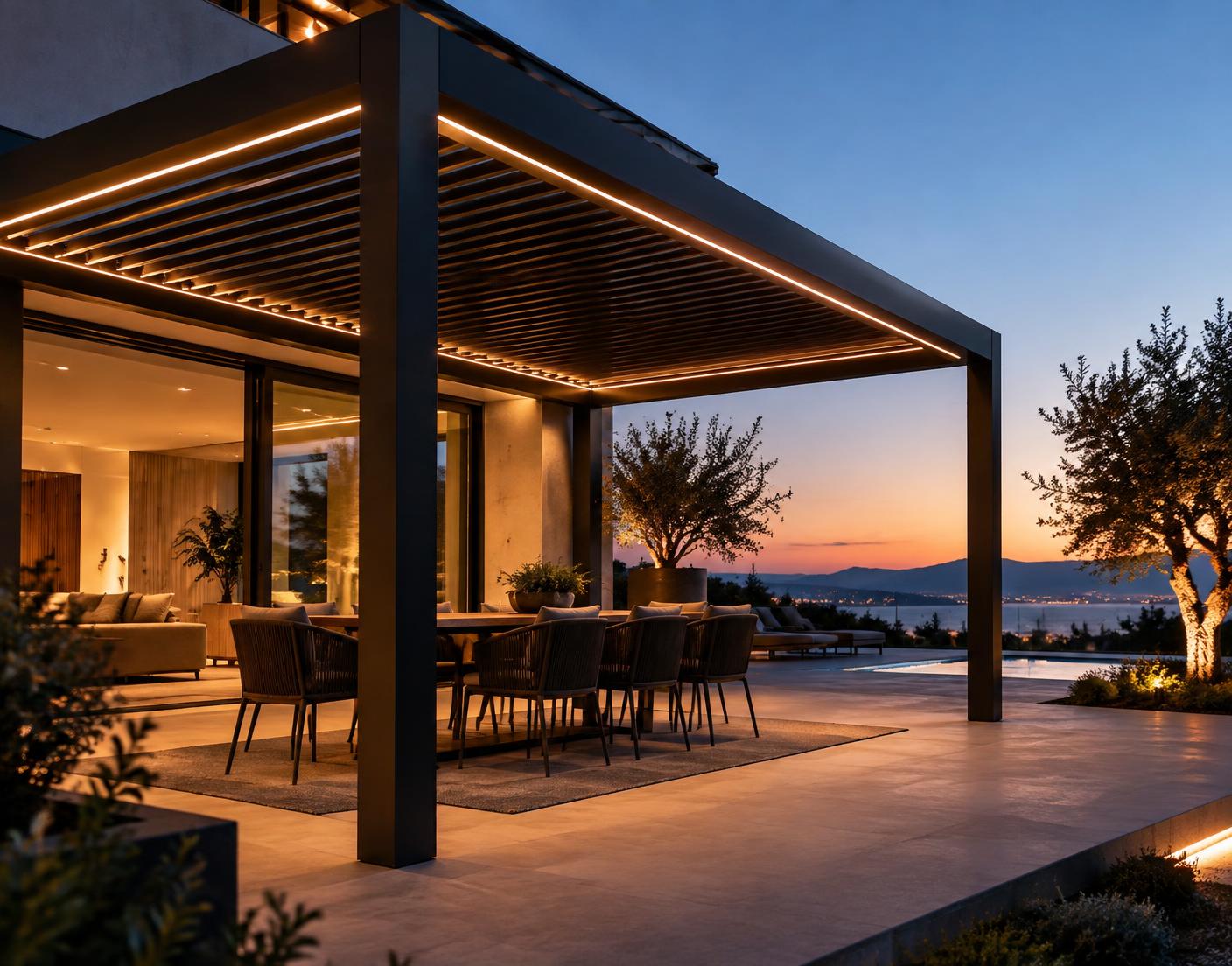 Warm LED lighting under a bioclimatic pergola